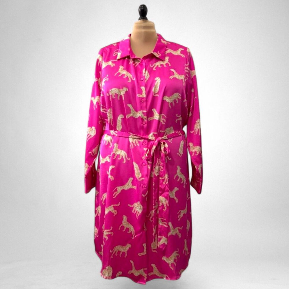 SKIES ARE BLUE Curvy Animal Print Button Down Satin Shirt Dress, NWT! Size 1X